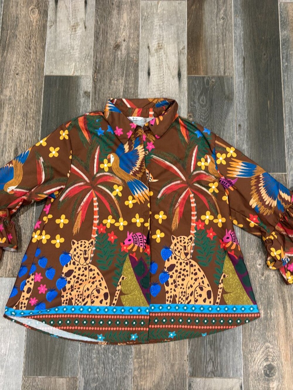 Dalin. Funky Tropical Jungle Aztec Print Art to Wear Statement Blouse Large